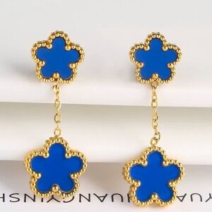 Alhambra Luck Four Clover Gold Flower Stainless Steel Dark Blue Drop Earrings